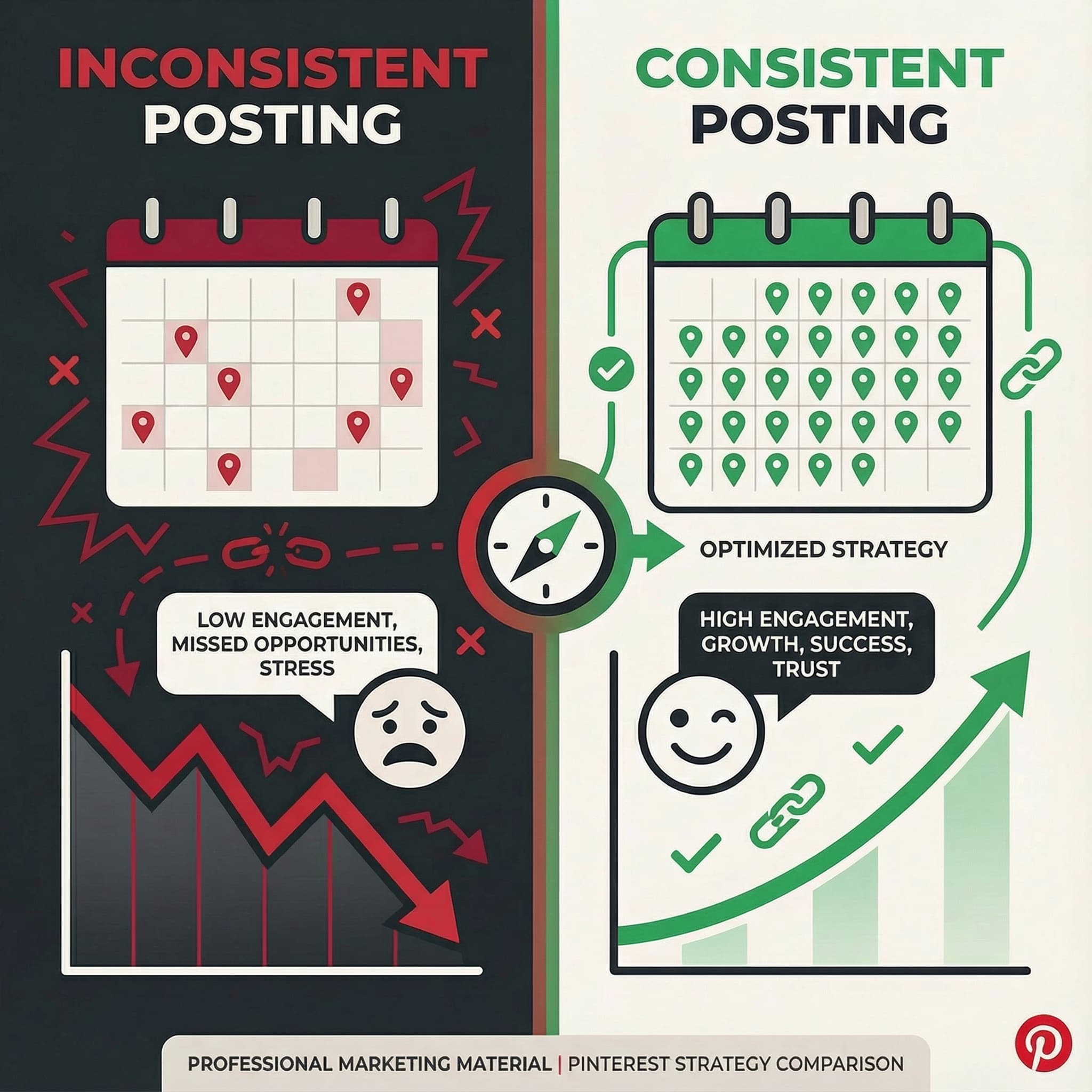 Inconsistent vs Consistent Pinterest Posting Strategy Comparison